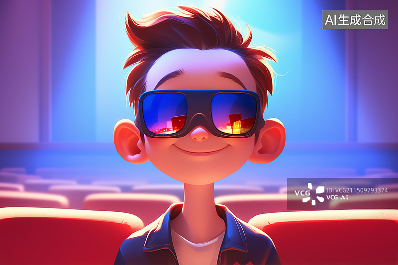 【AI数字艺术】一个看电影戴3D眼镜男孩3D卡通立体插画图片素材