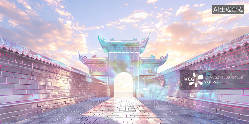 【AI数字艺术】中国风古典荧光色城门围墙赛博建筑3D插画图片素材