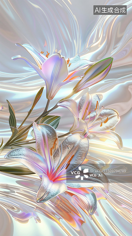 【AI数字艺术】水面的荧光色百合花3D立体金属赛博插画图片素材