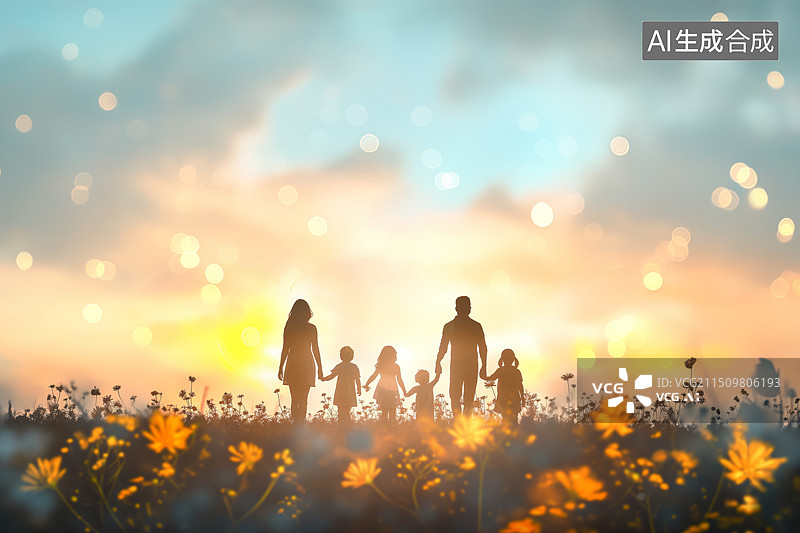 【AI数字艺术】一家人牵着手走在花丛中的剪影图片素材