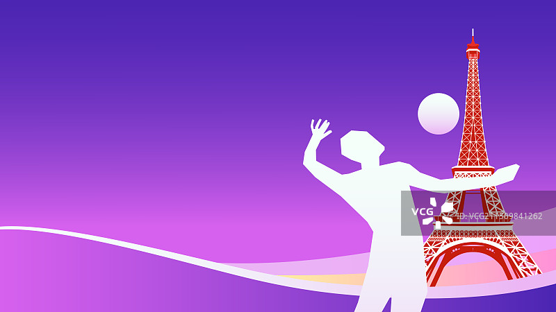 法国巴黎奥运会排球矢量插画，埃菲尔铁塔，法国巴黎奥运体育比赛周年庆典高端插画图片素材