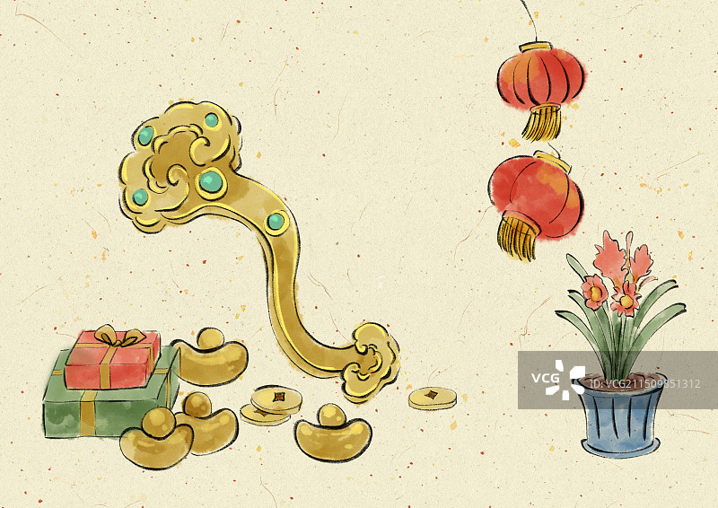 水墨风庆祝新年春节蛇年喜庆吉祥吉利祝福财富与幸运插画，如意、花卉盆栽、灯笼、礼物、元宝。图片素材