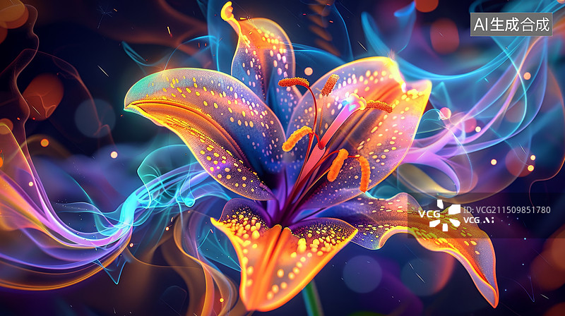 【AI数字艺术】数字化发光的花朵图片素材