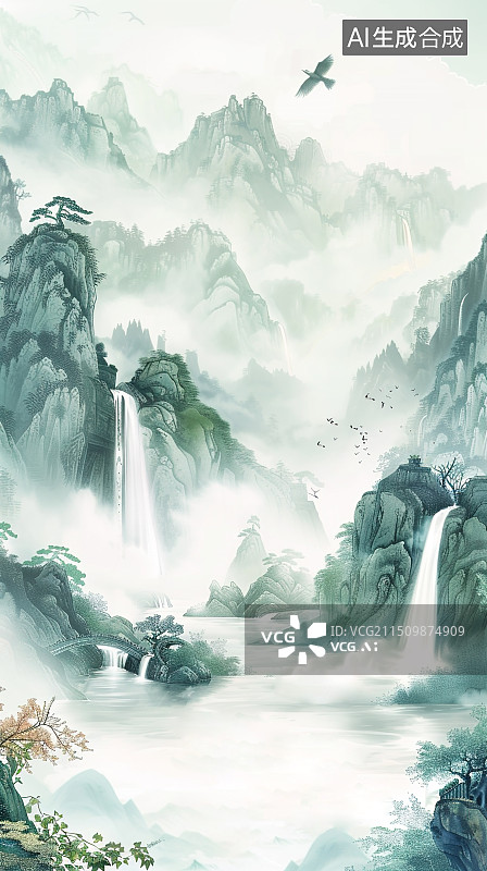 【AI数字艺术】中国水墨山水画图片素材