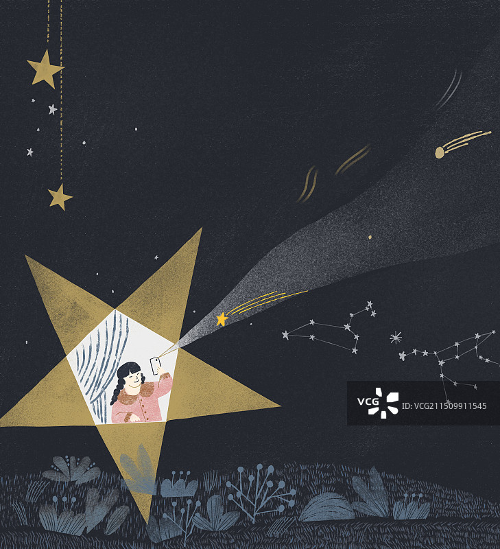 星空下拍照留念的女孩插画图片素材