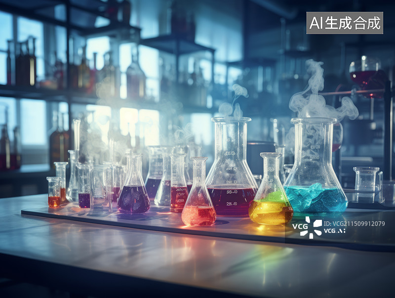 【AI数字艺术】桌子上实验室玻璃器皿的特写镜头图片素材