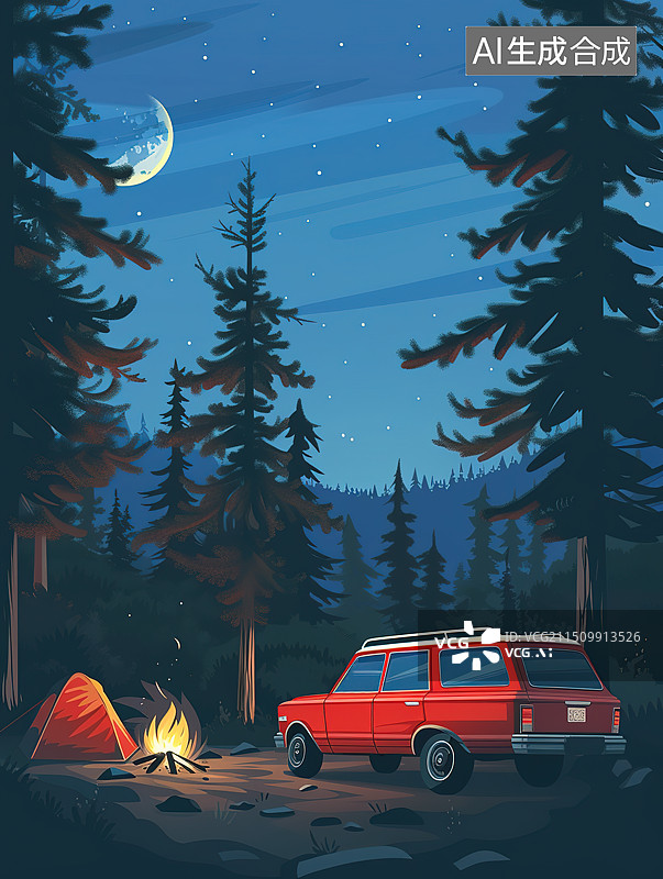 【AI数字艺术】郊外夜晚篝火旁的一辆旅行车——旅行露营概念图片素材