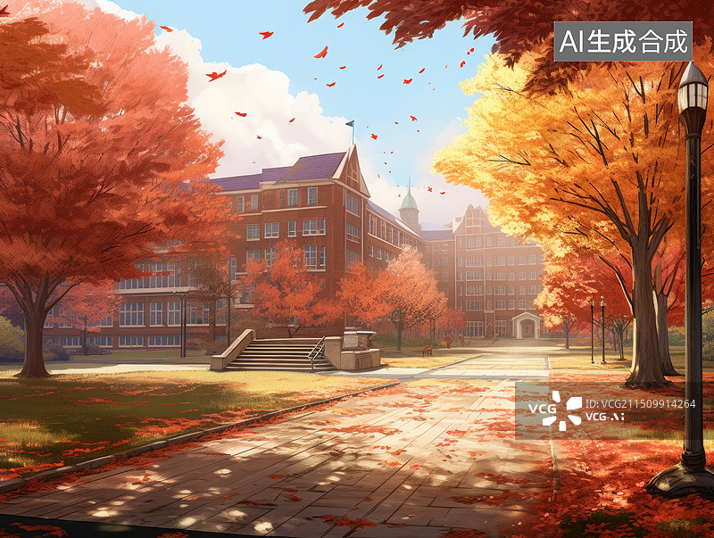 【AI数字艺术】秋天的学校校园景色插画图片素材