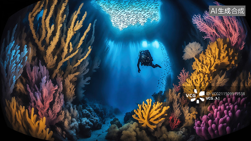 【AI数字艺术】海底奇遇：潜水员探秘斑斓珊瑚礁图片素材