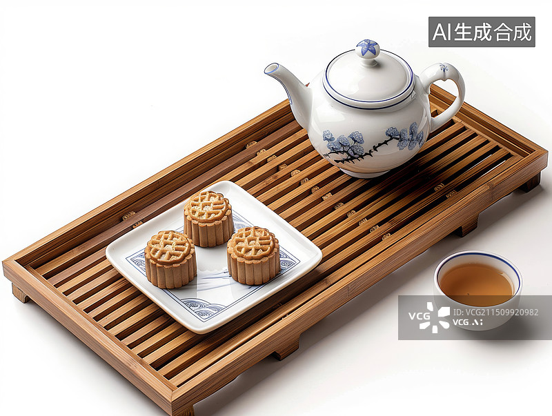 【AI数字艺术】白色背景，茶盘茶具和月饼插画，中秋节概念图片素材