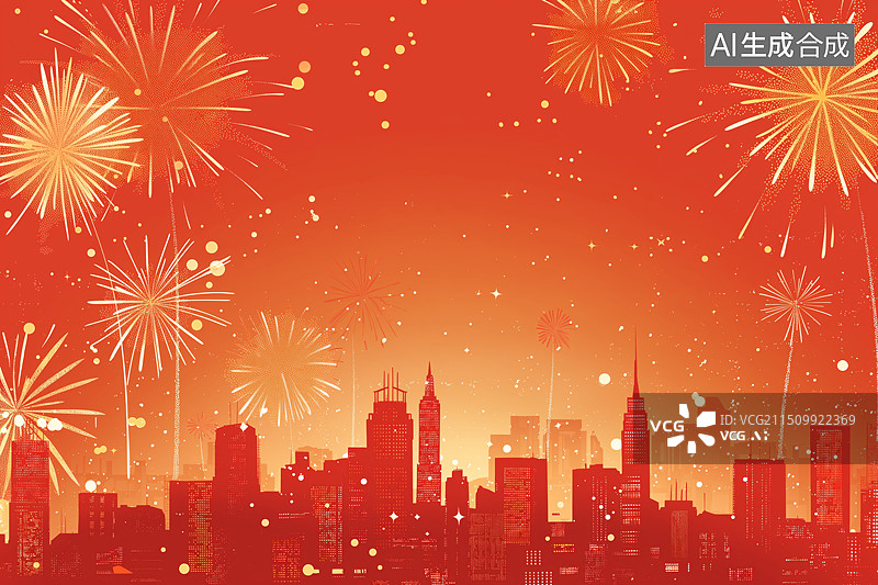 【AI数字艺术】以城市高楼为背景的红色烟花喜庆背景图片素材