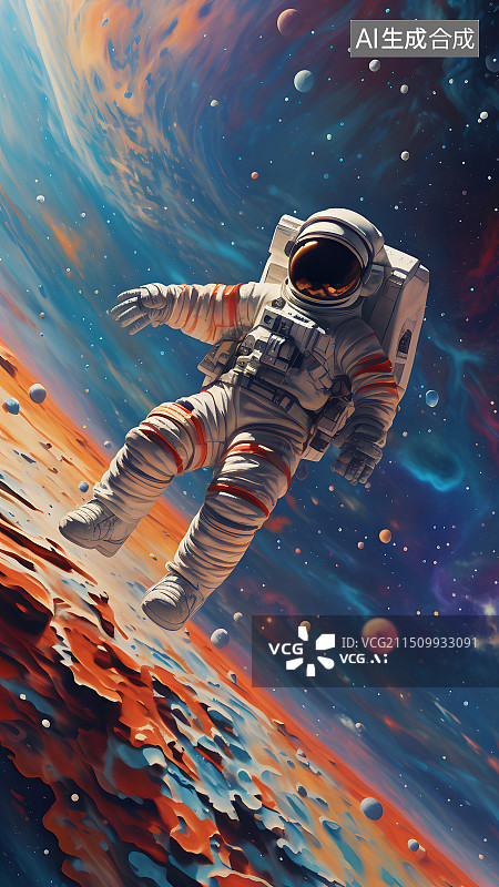 【AI数字艺术】油画风格宇航员漂浮在太空中插画，世界航天日场景插图图片素材