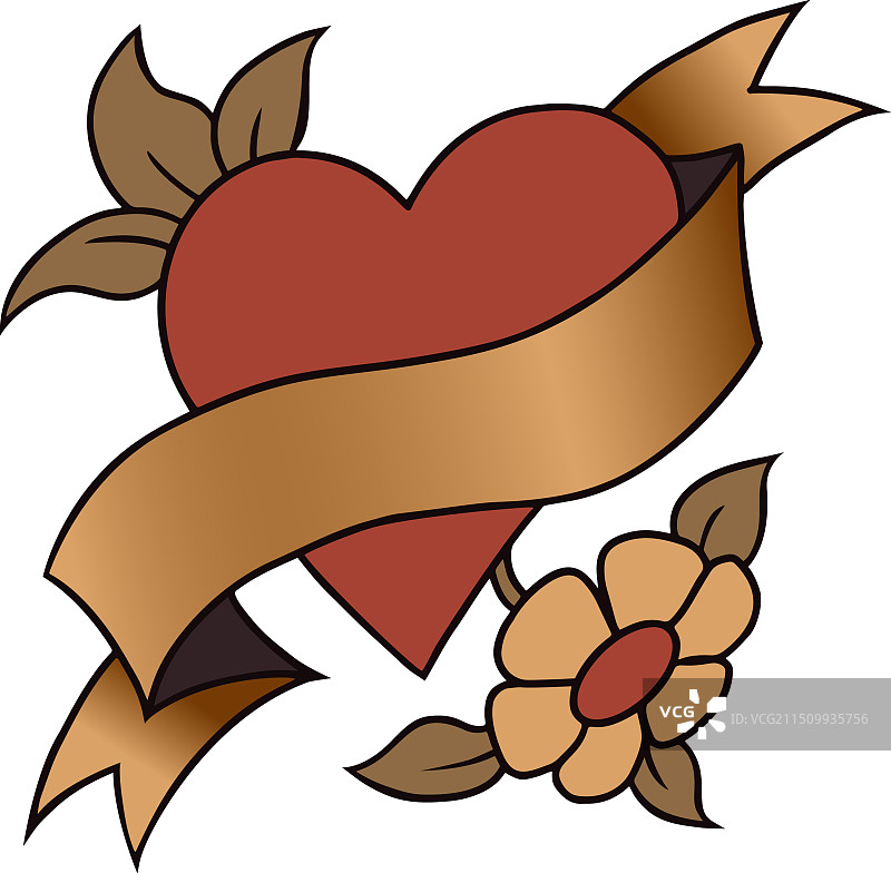 复古风格的缎带心形纹身设计图片素材