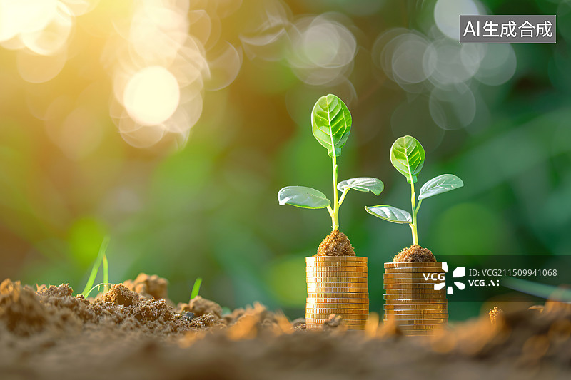 【AI数字艺术】金币上生长的种子插图金融投资商业概念背景图片素材
