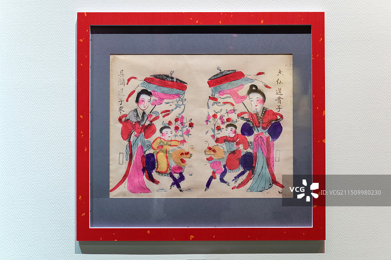 门画《天仙送贵子 麒麟送子来》 民国 山东博物馆藏 “沿着运河看年画”特展图片素材