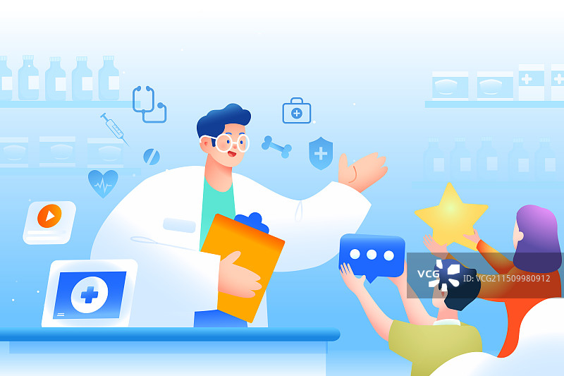 卡通中国医师节花卉医生医患看病在线挂号生病体检治疗康复疾病医疗健康医护团队医院城市建筑渐变矢量插画图片素材