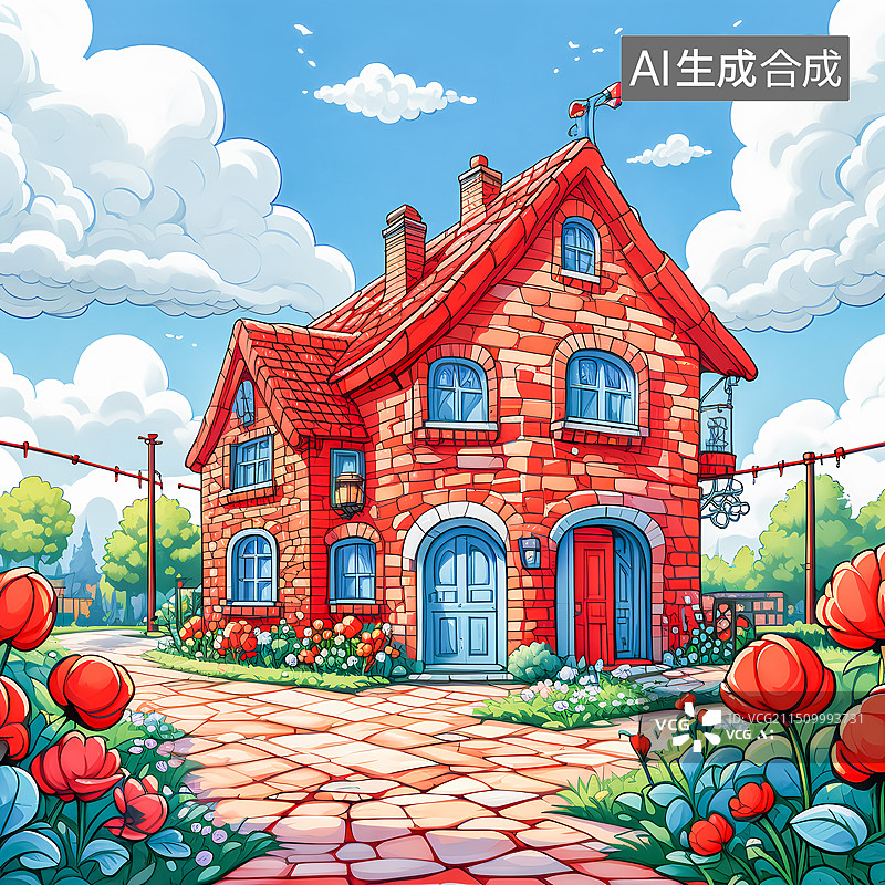 【AI数字艺术】红色砖房卡通插画图片素材