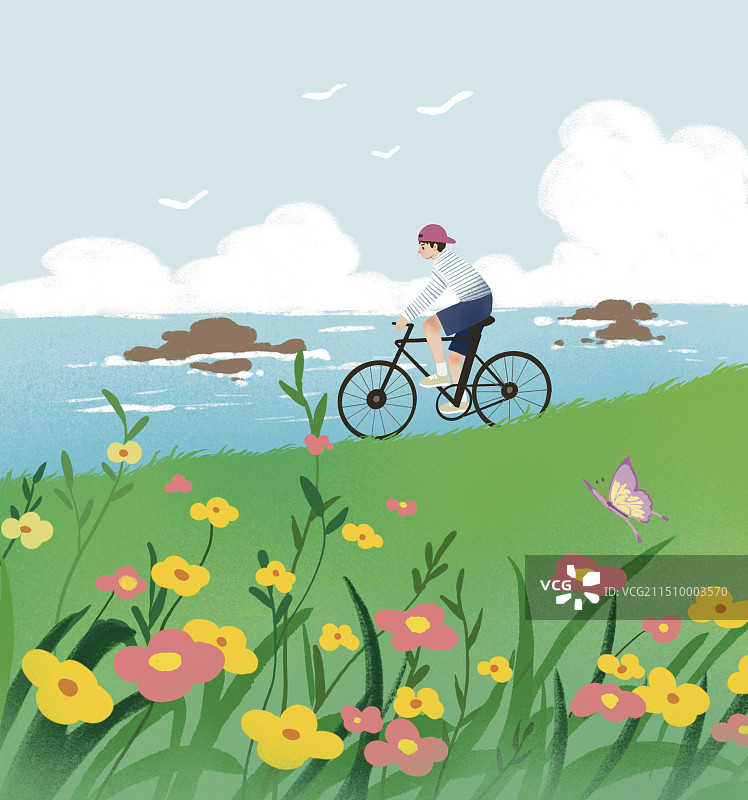 彩色扁平风插画插图风景春季草地鲜花户外骑行桃花迎春花看窗外女孩男孩骑行江南小镇柳树图片素材