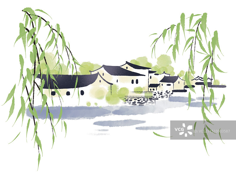 彩色扁平风插画插图风景春季草地鲜花户外骑行桃花迎春花看窗外女孩男孩骑行江南小镇柳树图片素材