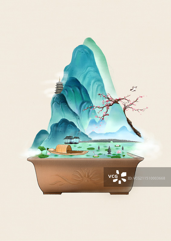 中国风山水场景插画图片素材