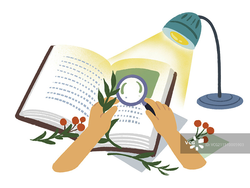 彩色 扁平风 插画插图 手拿放大镜 看书 学习 观察 钻研 植物 爱好 知识 课外 树叶图片素材