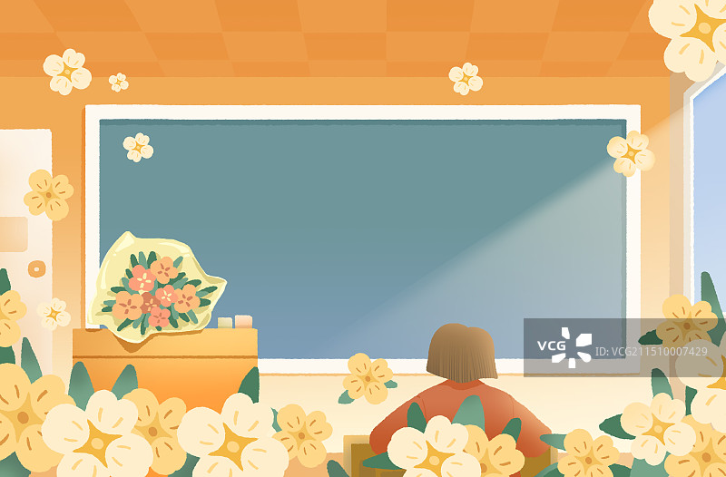 充满鲜花的教室和学习的学生图片素材