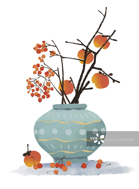 彩色 扁平风 插画插图 柿子 柿柿如意 花瓶 插花 景物 意境 家居 小清新图片素材