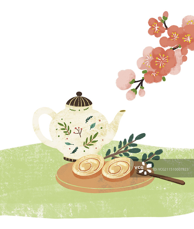 彩色 扁平风 插画插图 小黑猫 卡通画 温馨 喝茶 春天 蛋糕 茶点  景物 意境 家居 小清新图片素材