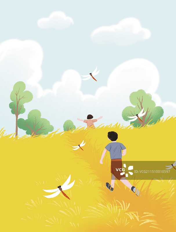 彩色 扁平风 插画插图 手绘 夏天 美景 稻田 蜻蜓 儿童 孩子奔跑 童年 回忆 山村 乡村 收获图片素材