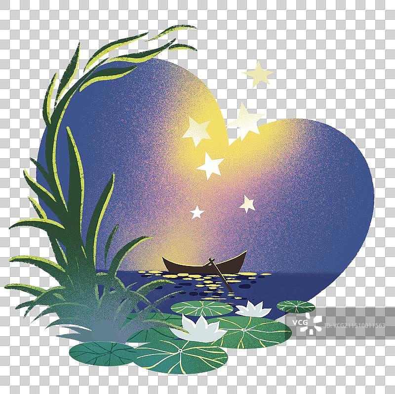 彩色 扁平风 插画插图 卡通手绘 免扣元素 月夜 水上小船 树上小猫 治愈系 可爱 小清新 心形 圆图片素材