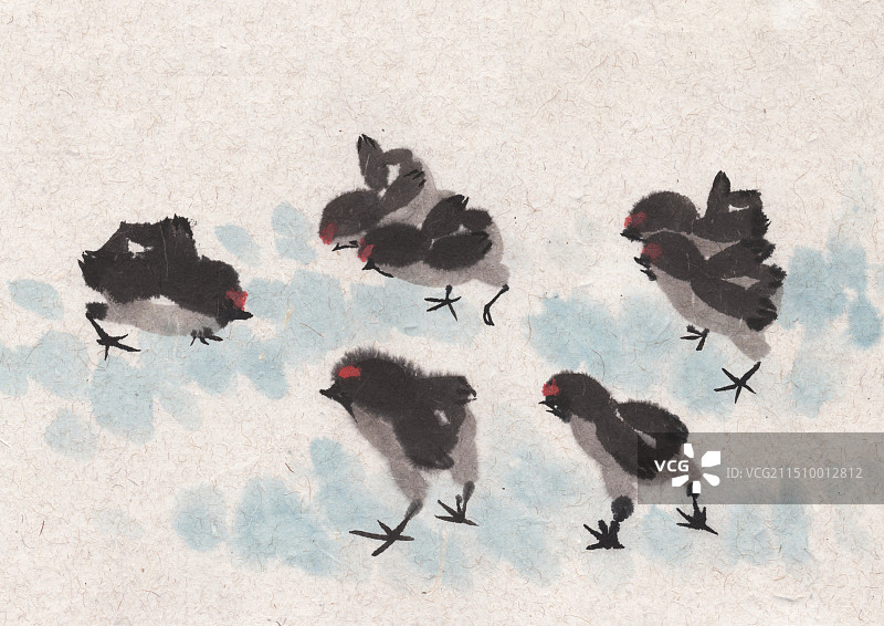 草地上的小鸡国画插画图片素材