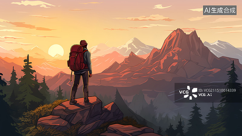 【AI数字艺术】男子登山瞭望远方图片素材