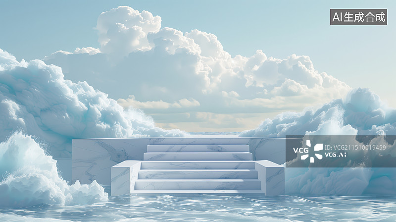 【AI数字艺术】3D蓝色天空白云大理石产品展台图片素材