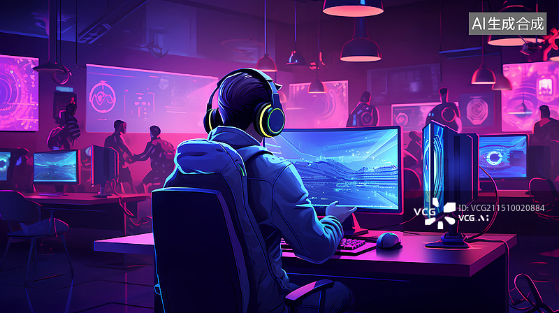 【AI数字艺术】玩家在网吧/工作室打游戏图片素材