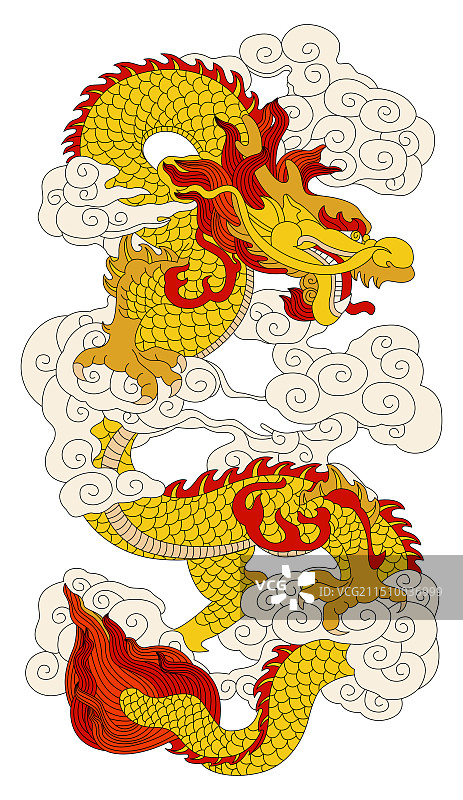 东方龙。左右盘旋对称驾云的龙。龙年。矢量线稿上色插画。图片素材