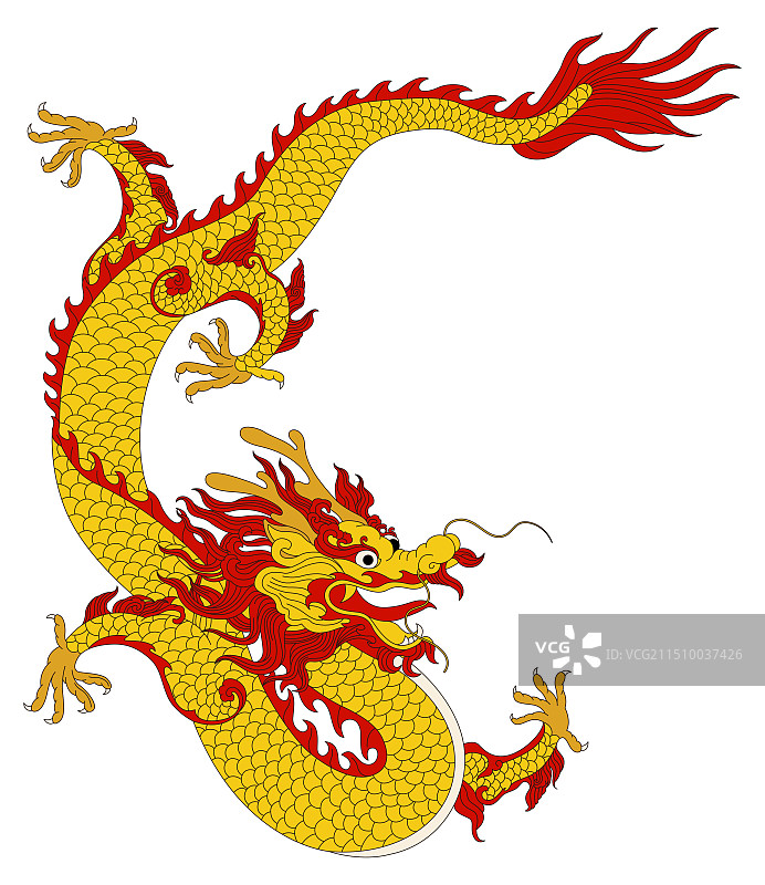 传统金龙。龙身盘旋成半圆。龙年。矢量线稿上色插画。图片素材