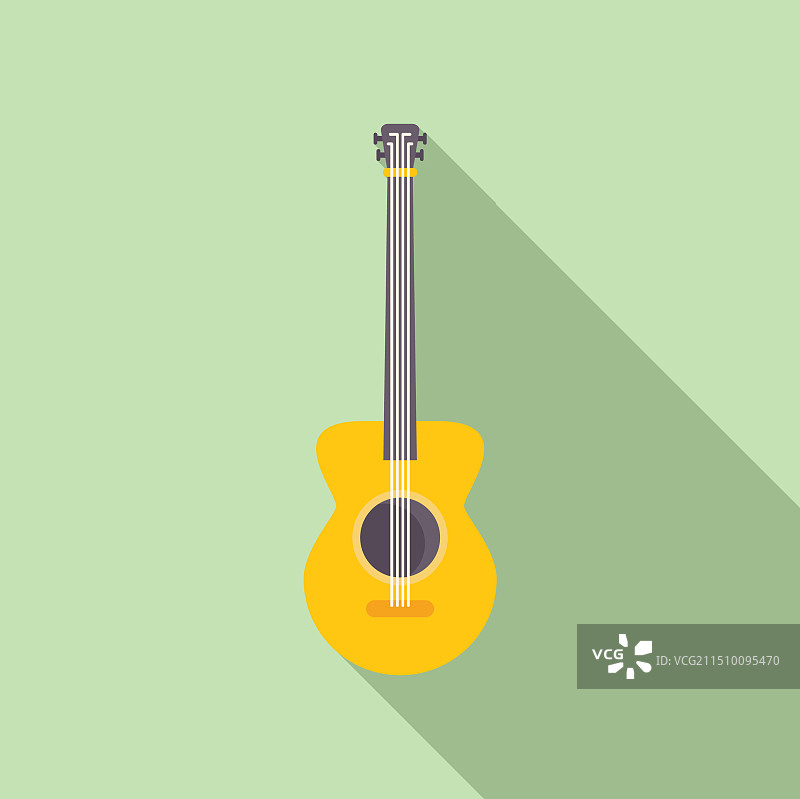 绿色背景上的带长阴影的原声吉他图片素材