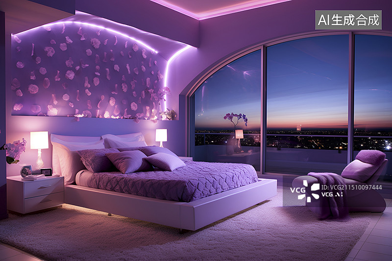 【AI数字艺术】紫色调卧室样板间设计图片素材