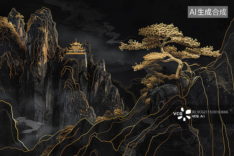 【AI数字艺术】黑金风格中国画——夜晚高山上的古建筑图片素材