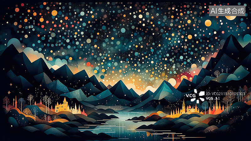 【AI数字艺术】梦幻夜景插画：宁静湖泊与星空下的神秘图片素材