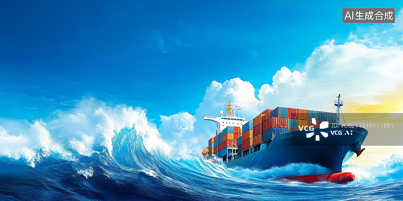 【AI数字艺术】海面上一艘满载集装箱的大型远洋货船插画图片素材