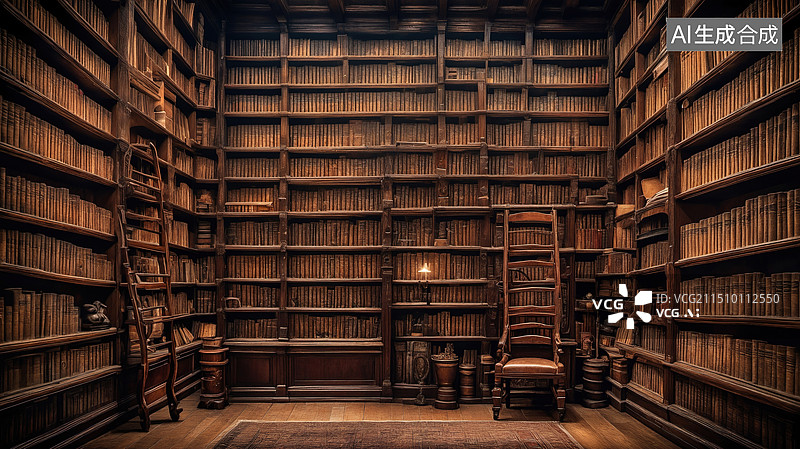 【AI数字艺术】静谧书海：图书馆内的烛光阅读时光图片素材