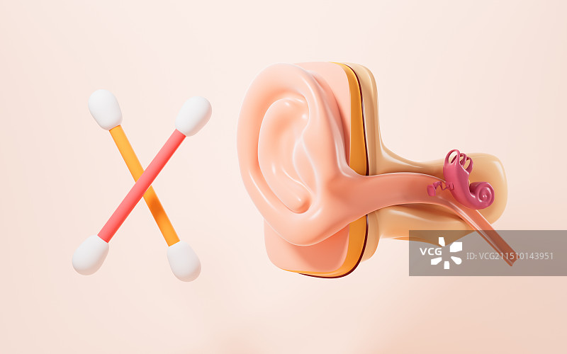 人类耳朵和棉棒3D渲染图片素材