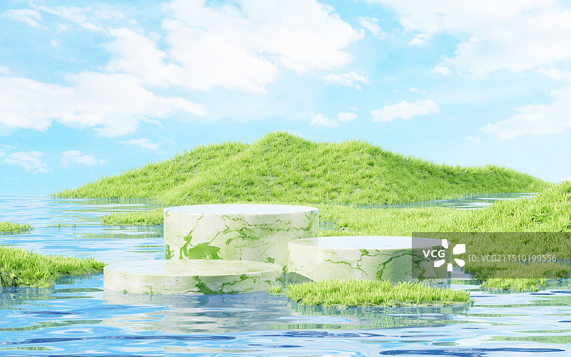 户外湿地草原水面产品展示背景3D渲染图片素材