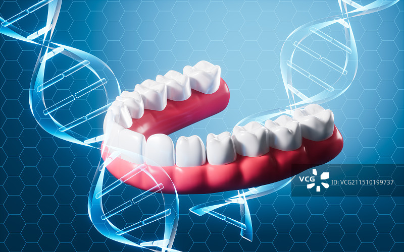 牙齿与生物基因背景3D渲染图片素材