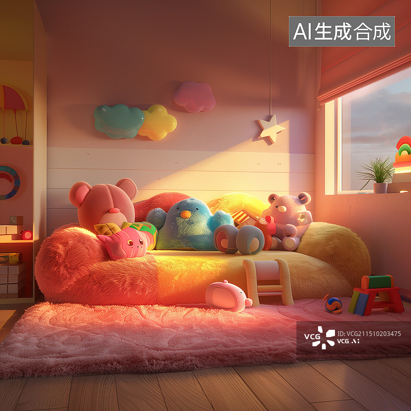【AI数字艺术】温馨明亮糖果色色彩丰富的3D卡通儿童卧室卧房插画图片素材