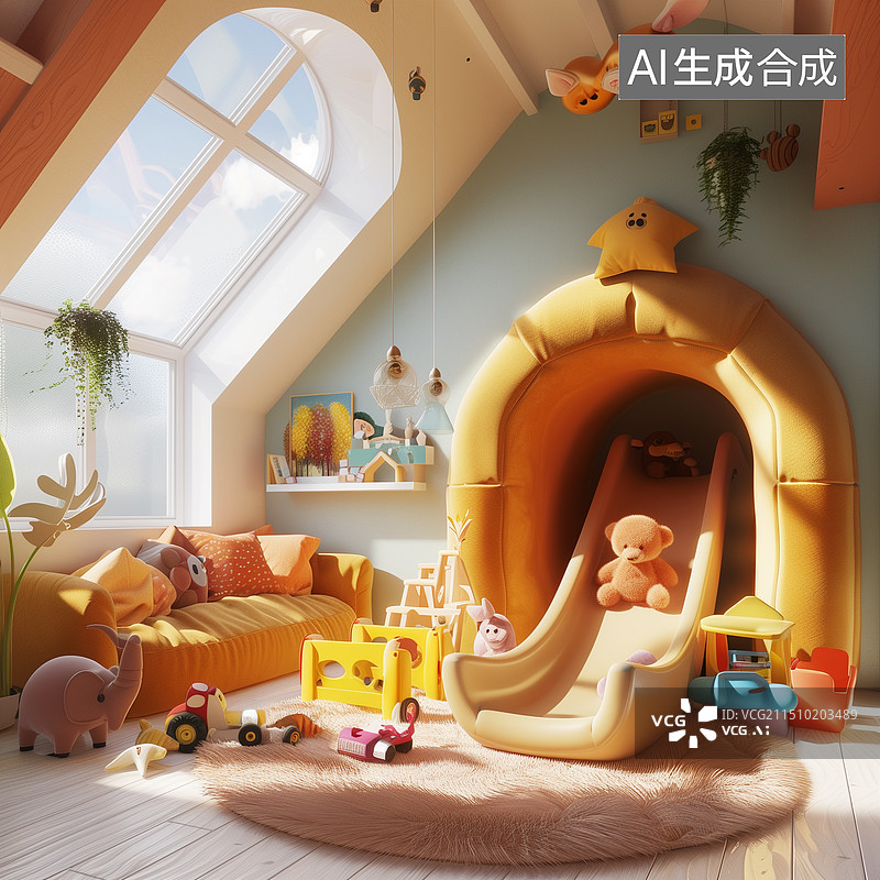 【AI数字艺术】温馨明亮糖果色色彩丰富的3D卡通儿童卧室卧房插画图片素材