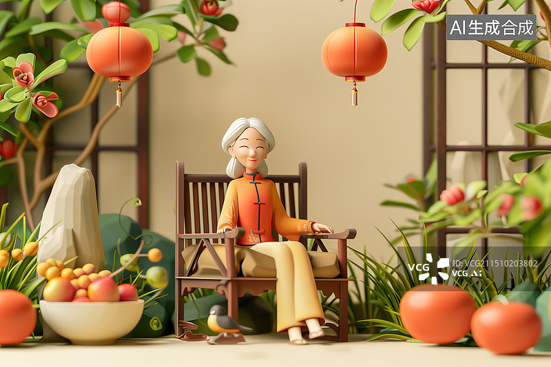 【AI数字艺术】坐在椅子上的中国老奶奶卡通3D插画图片素材