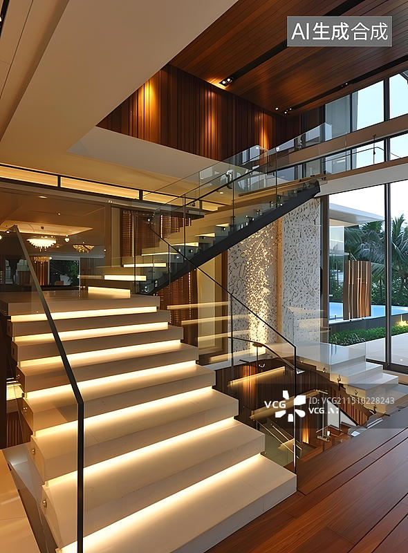 【AI数字艺术】现代家居楼梯设计，玻璃扶手搭配LED灯图片素材