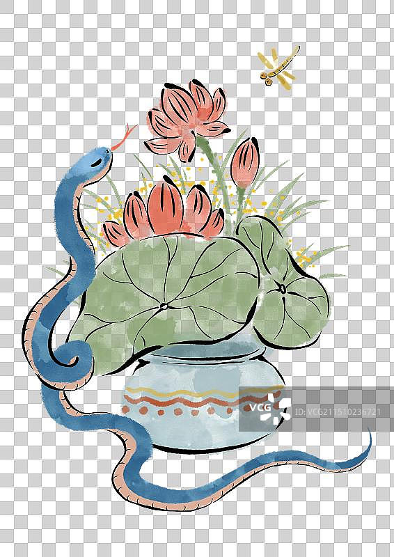 水墨风蛇与花插画元素。插在瓶子里的荷叶荷花，一品清廉。图片素材